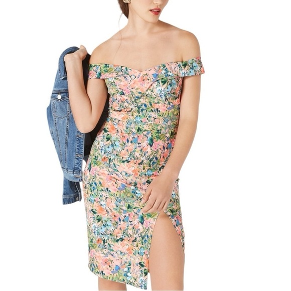 AIDAN MATTOX FLORAL OFF THE SHOULDER PRINTED CREPE SHEATH COCKTAIL DRESS - Picture 1 of 15